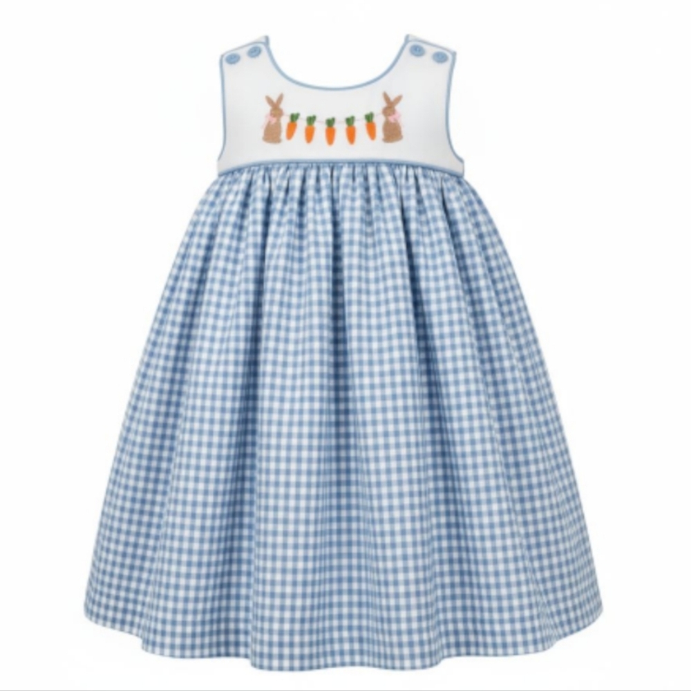 Three Sisters Charming Blue Checkered Kids Dress with Bunny Design Sz 9M